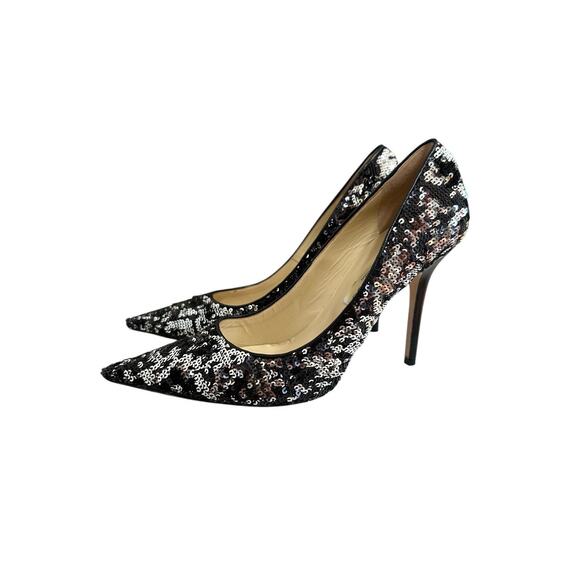 Jimmy Choo Abel Pumps Size 40.5 Sequin Black Silver Pointed Toe Stiletto - Picture 2 of 13